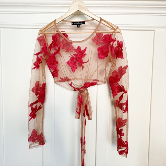 For Love & Lemons Tulle Embroidered Crop Top Beige / Pink Floral Size Small - Picture 4 of 7